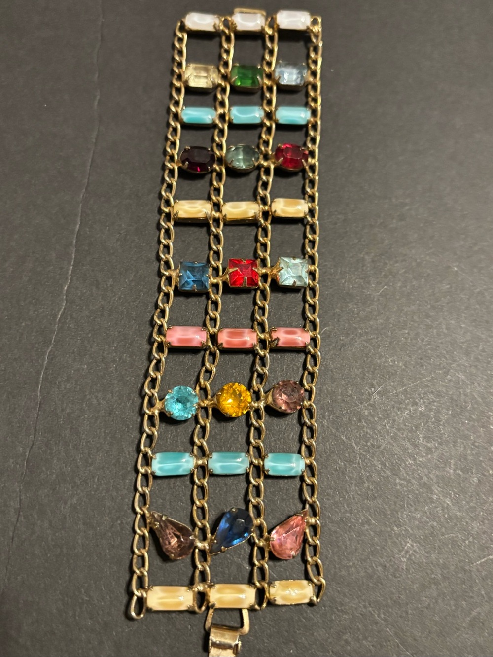 Vintage 7" Multi Strand Ladder Bracelet Multicolor Rhinestone Glass Cabochon Cuf